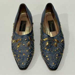 FANTASY COLLECTION Vintage Women’s Real Leather Studded Metallic Blue/Gold Shoes
